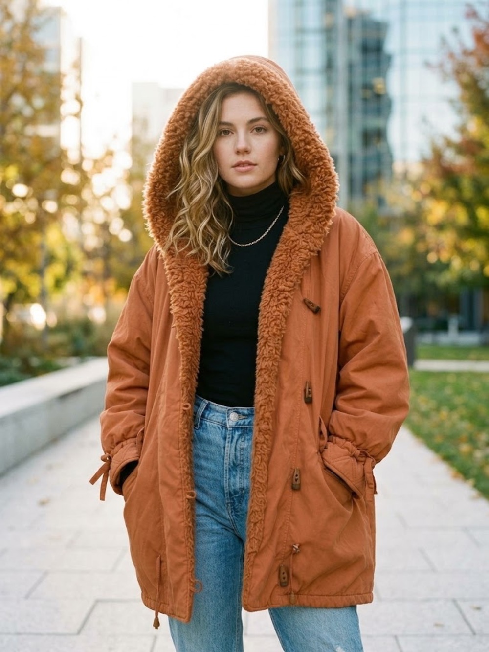 VTG 80s Beauty Italy Oversized Terracotta Sherpa Hooded Toggle Parka Coat 2XL 3X